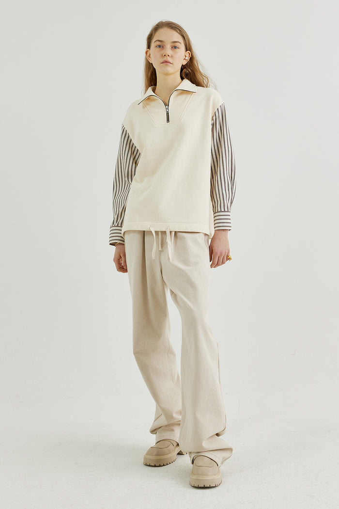 Goen.j Striped Poplin Shirt-layered Half-zip Cotton-jersey Sweatshirt CREAM/BROWN STRIPE