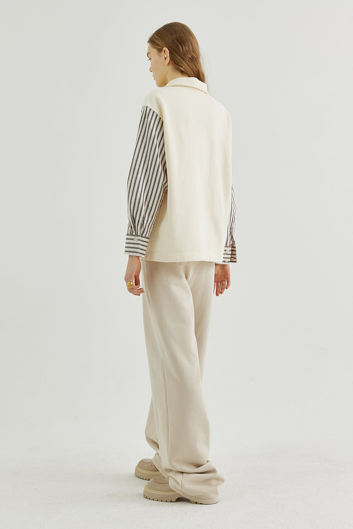 Goen.j Striped Poplin Shirt-layered Half-zip Cotton-jersey Sweatshirt CREAM/BROWN STRIPE