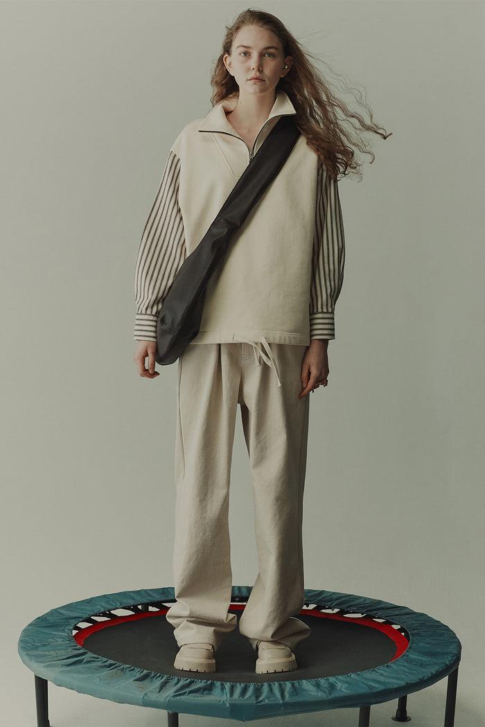 goen.j Striped poplin shirt-layered half-zip cotton-jersey sweatshirt CREAM/BROWN STRIPE