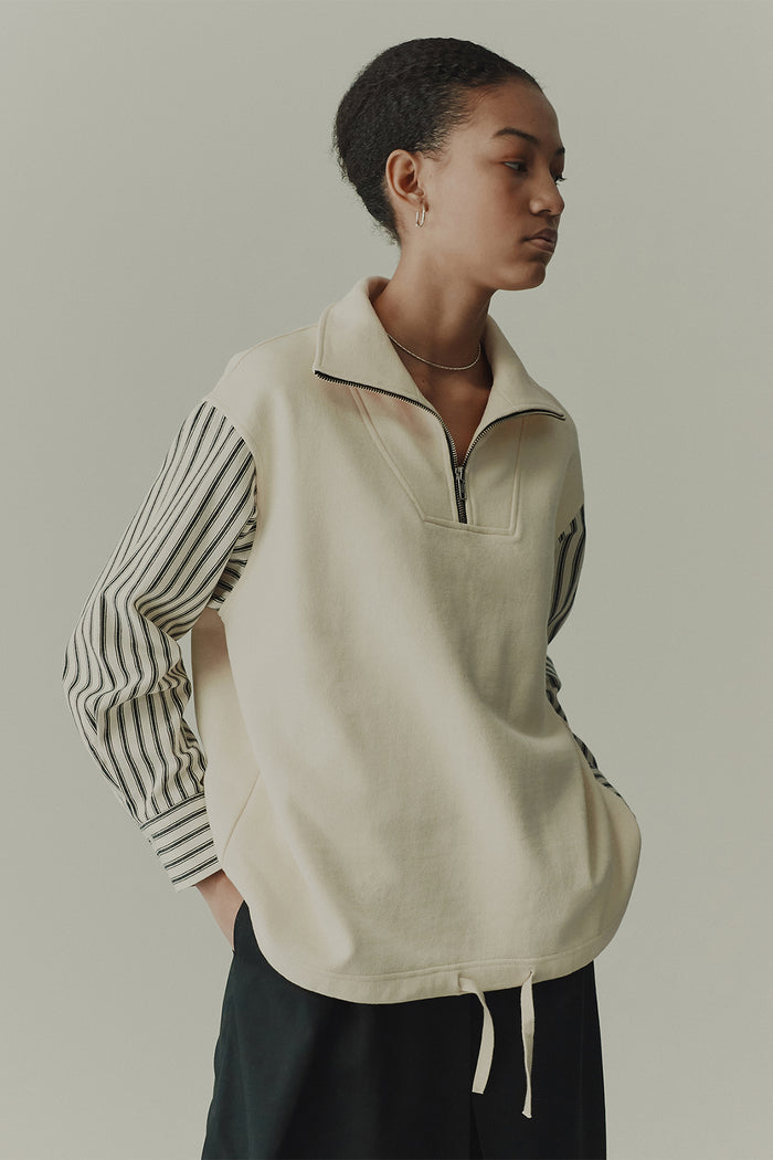 goen.j Striped poplin shirt-layered half-zip cotton-jersey sweatshirt CREAM/BLACK STRIPE