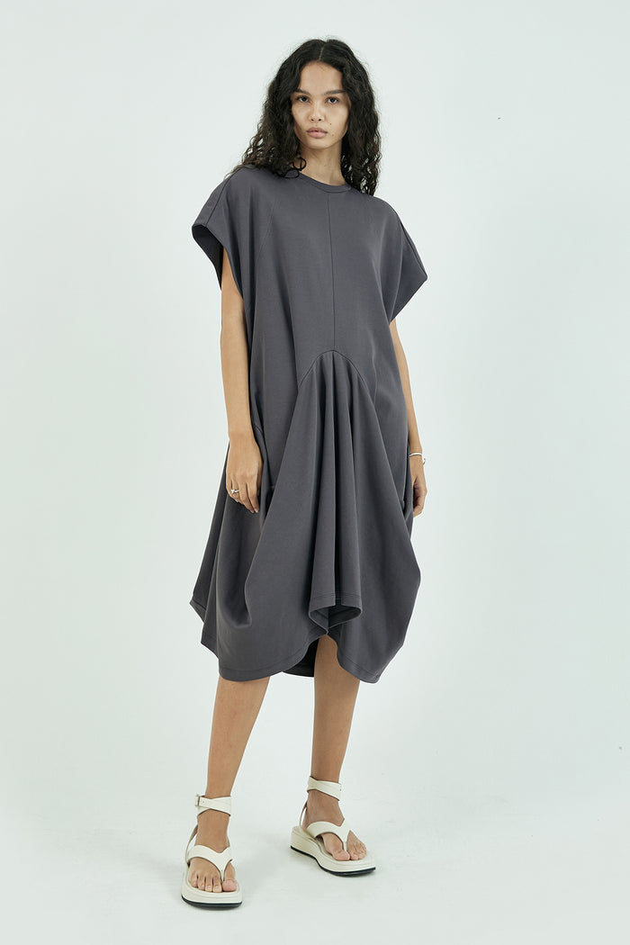 Goen.j Structured Draping French-sleeve Cotton-jersey Midi Dress CHARCOAL