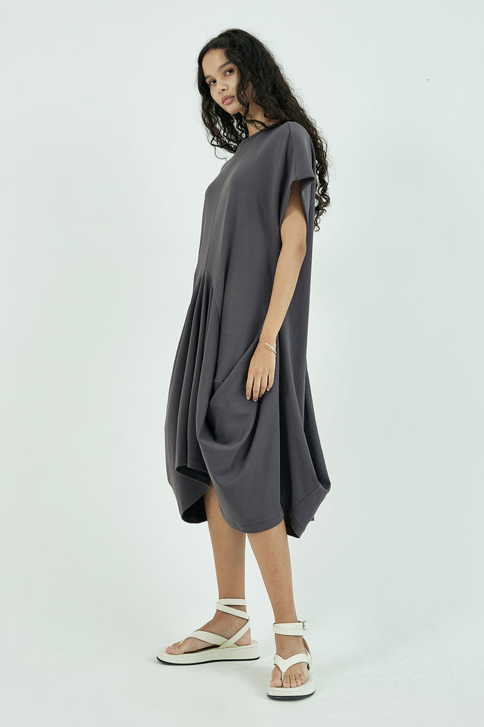 Goen.j Structured Draping French-sleeve Cotton-jersey Midi Dress CHARCOAL