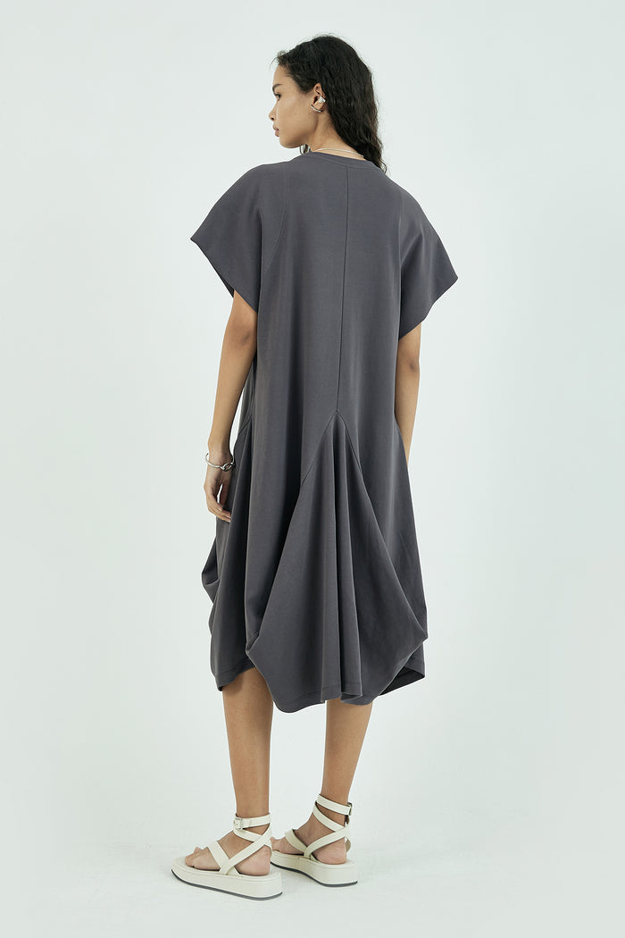 Goen.j Structured Draping French-sleeve Cotton-jersey Midi Dress CHARCOAL