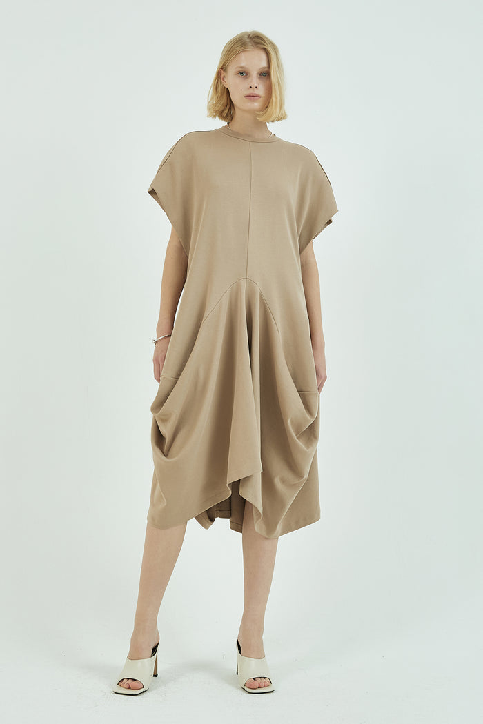 Goen.j Structured Draping French-sleeve Cotton-jersey Midi Dress BEIGE