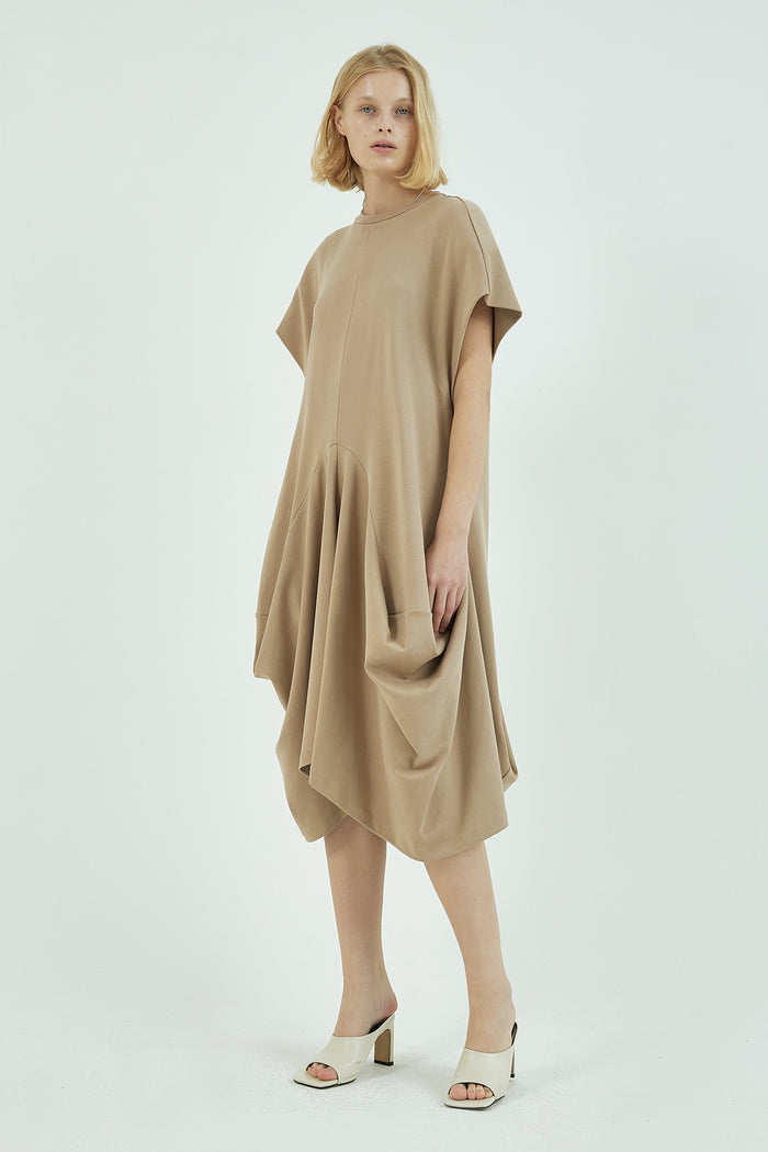 Goen.j Structured Draping French-sleeve Cotton-jersey Midi Dress BEIGE