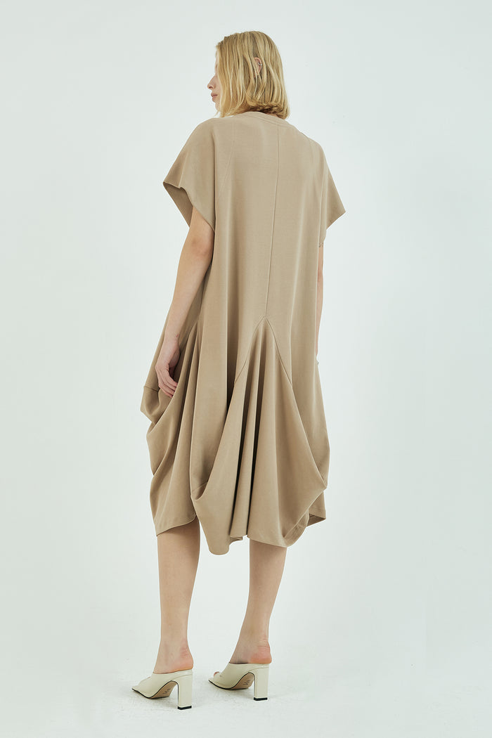 Goen.j Structured Draping French-sleeve Cotton-jersey Midi Dress BEIGE