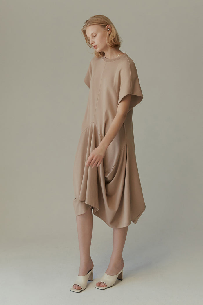 goen.j Structured draping french-sleeve cotton-jersey midi dress BEIGE