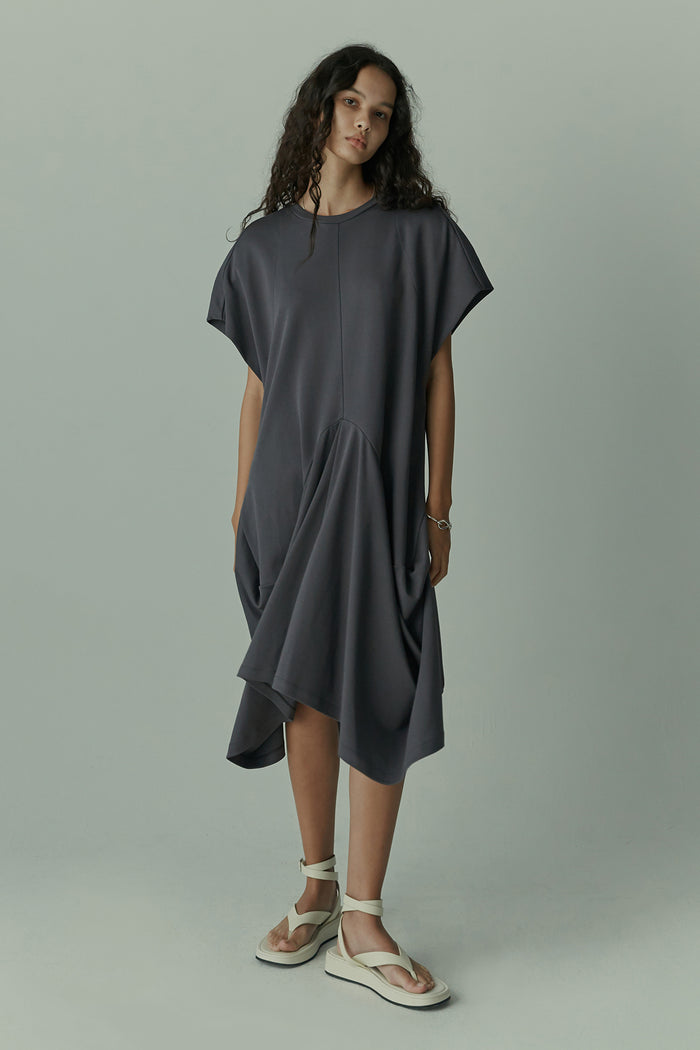 goen.j Structured draping french-sleeve cotton-jersey midi dress CHARCOAL