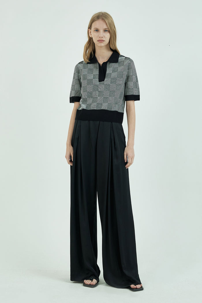 Goen.j Trompe-l'œil Checker Board Jacquard Open Collar Short-sleeved Knit Top BLACK