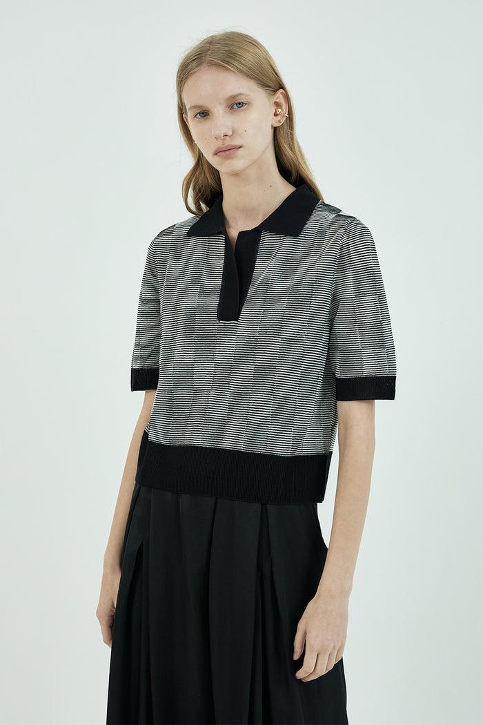 Goen.j Trompe-l'œil Checker Board Jacquard Open Collar Short-sleeved Knit Top BLACK