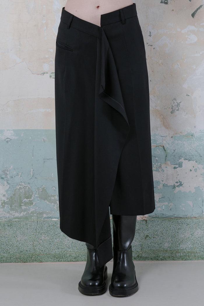 Goen.j Trouser Motif Asymmetric Draped Front Wool-blend Midi Skirt BLACK