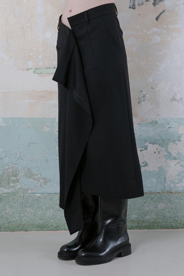 Goen.j Trouser Motif Asymmetric Draped Front Wool-blend Midi Skirt BLACK