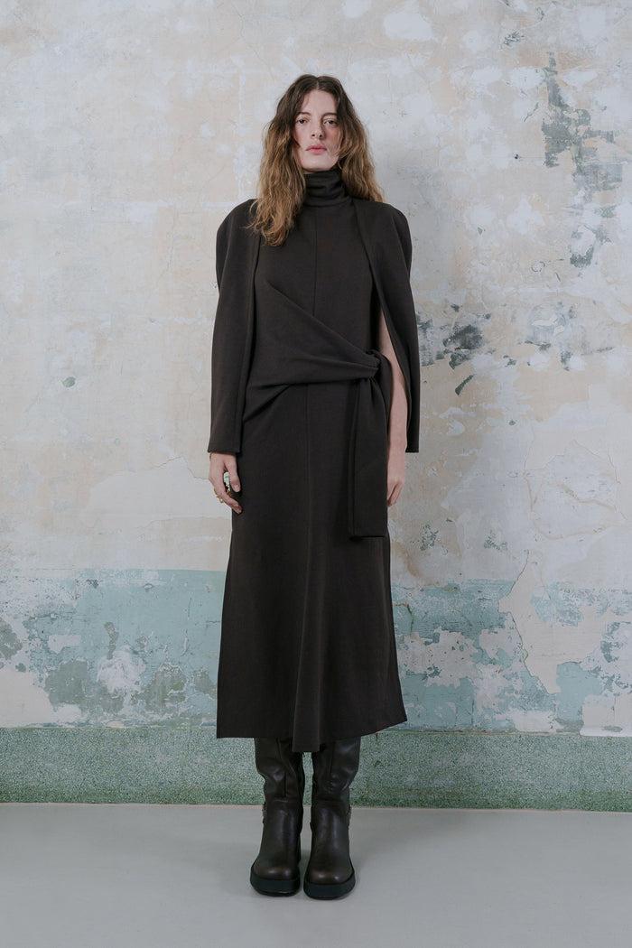 Goen.j Turtle-neck Knot Detailed Cape-effect Dress BROWN