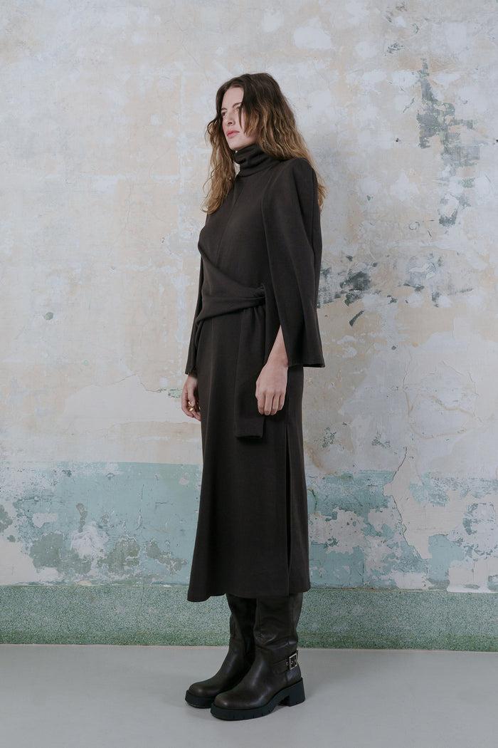 Goen.j Turtle-neck Knot Detailed Cape-effect Dress BROWN