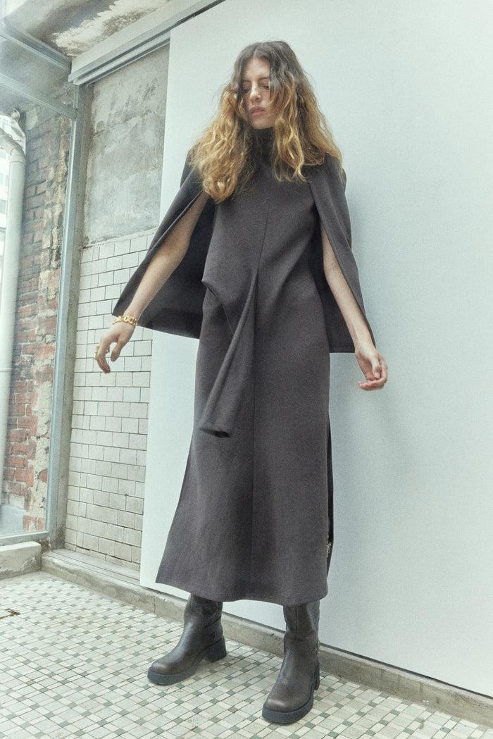 goen.j Turtle-neck knot detailed cape-effect dress BROWN