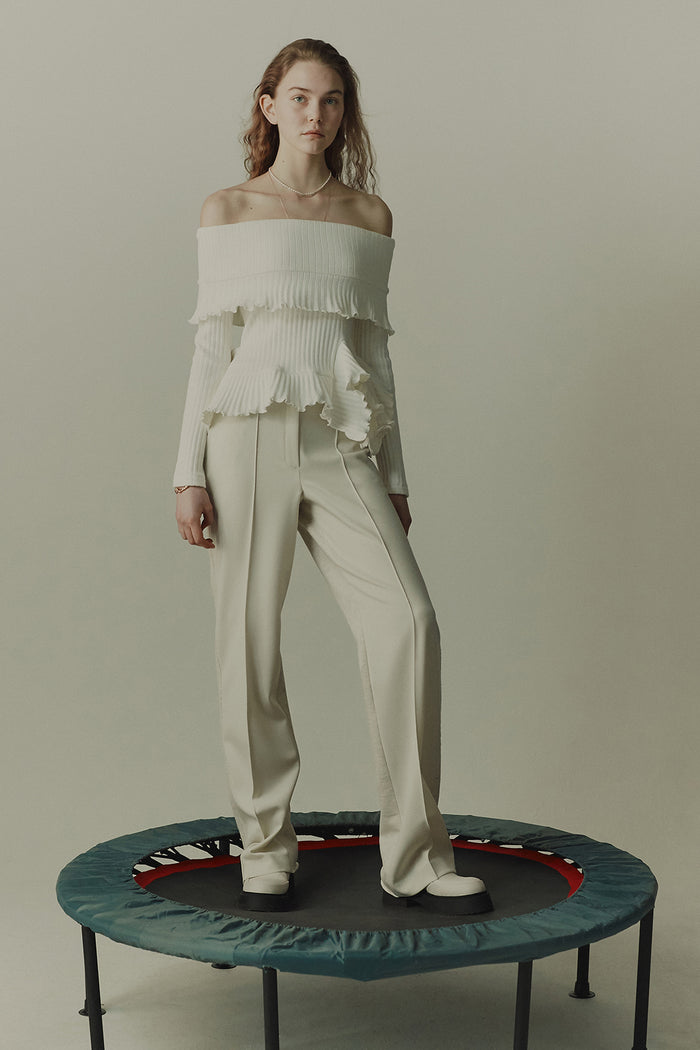 goen.j Twill and cotton-jersey double garment effect straight-leg pants CREAM