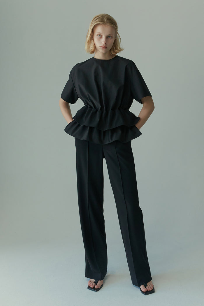 goen.j Twill and cotton-jersey double garment effect straight-leg pants BLACK