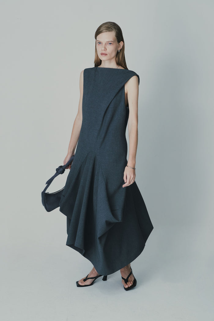 Goen.j Twisted Shoulder Strap Structured Draping Midi Dress GREY