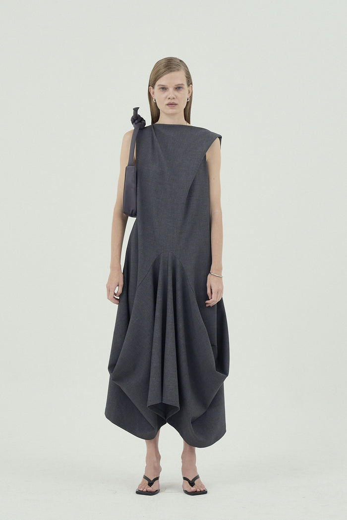 Goen.j Twisted Shoulder Strap Structured Draping Midi Dress GREY