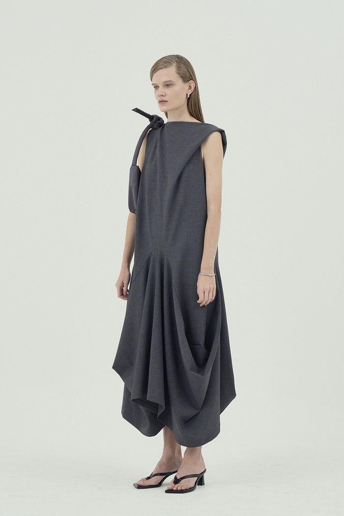 Goen.j Twisted Shoulder Strap Structured Draping Midi Dress GREY