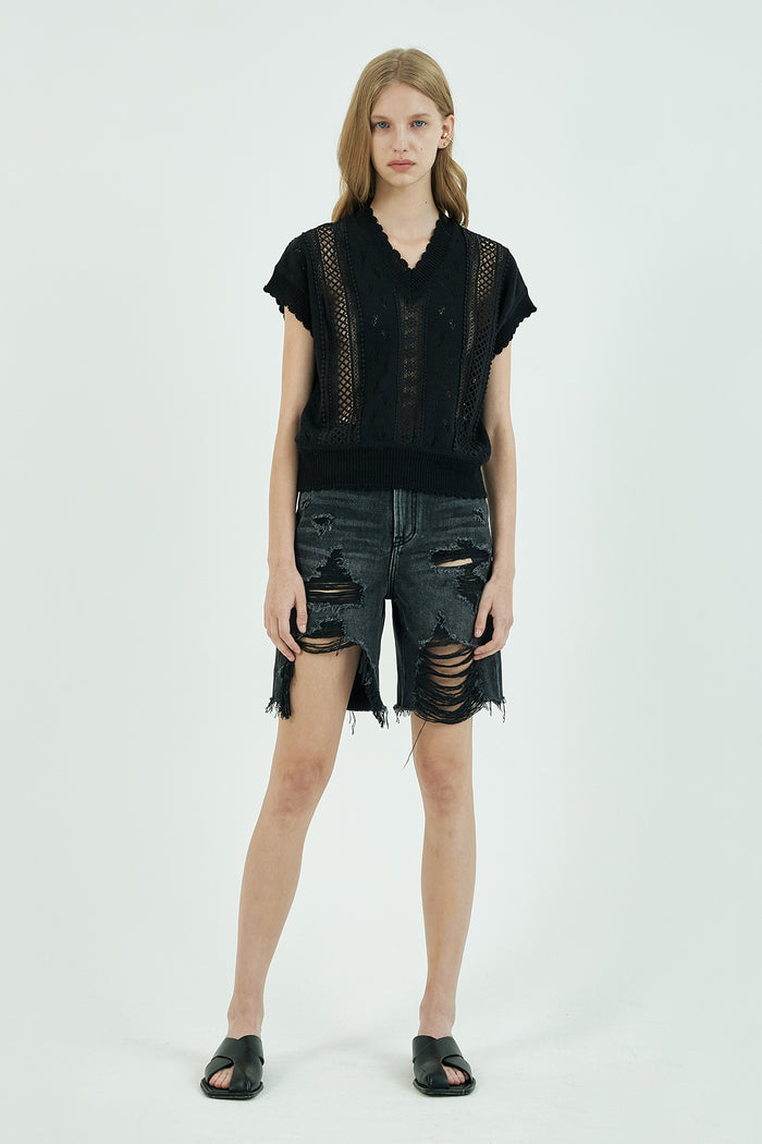 Goen.j V-neck Sleeveless Cropped Sweater Black BLACK