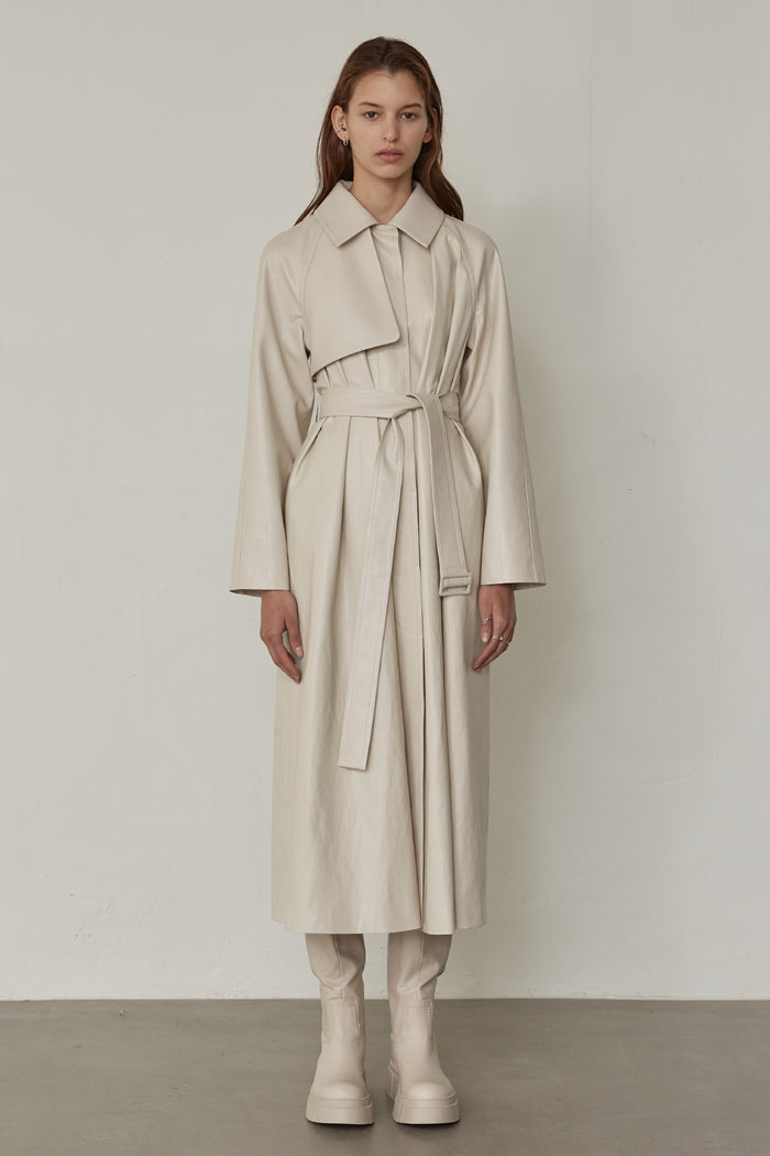 Goen.j Vegan Leather Belted Single-breast Trench Coat