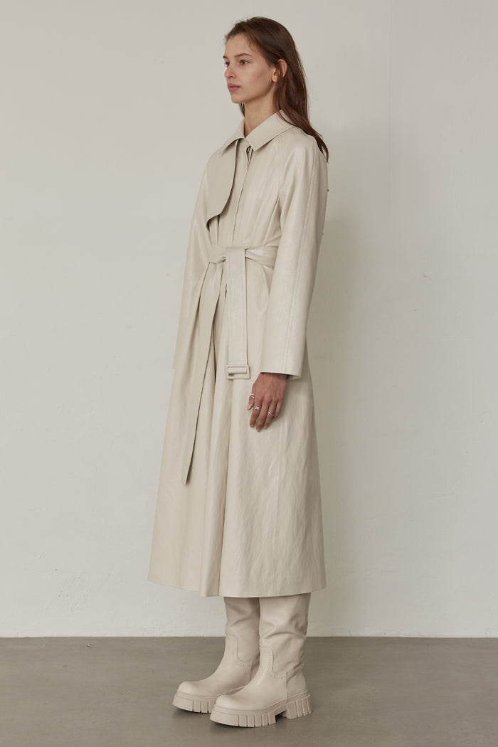 Goen.j Vegan Leather Belted Single-breast Trench Coat