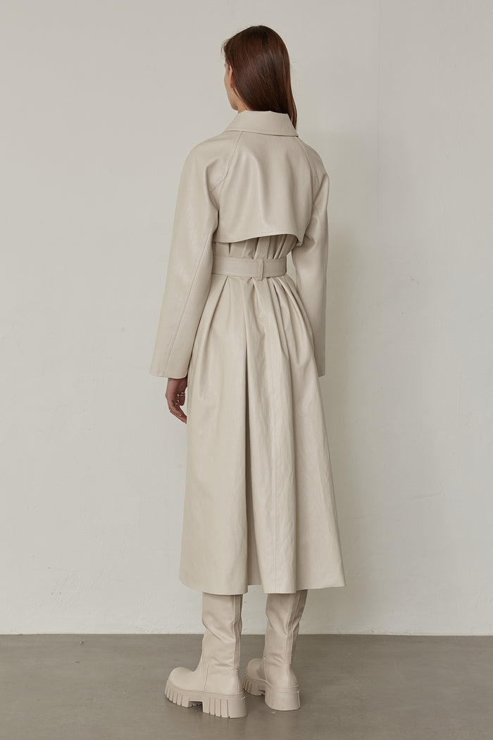 Goen.j Vegan Leather Belted Single-breast Trench Coat