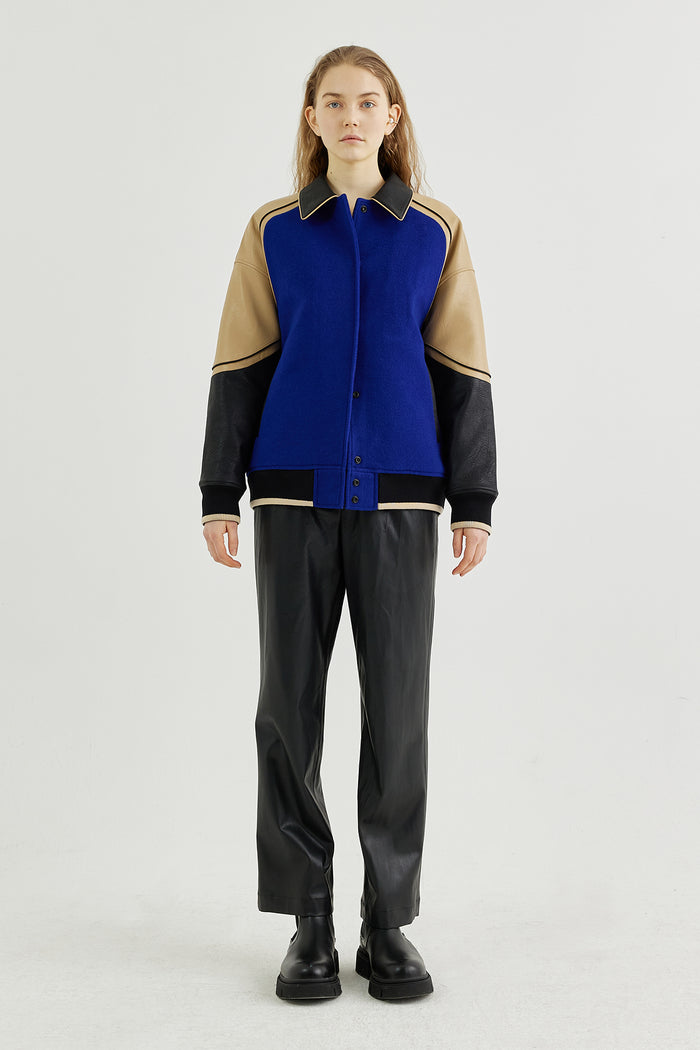 Goen.j Vegan Leather-trimmed Wool-blend Bomber Jacket BLUE