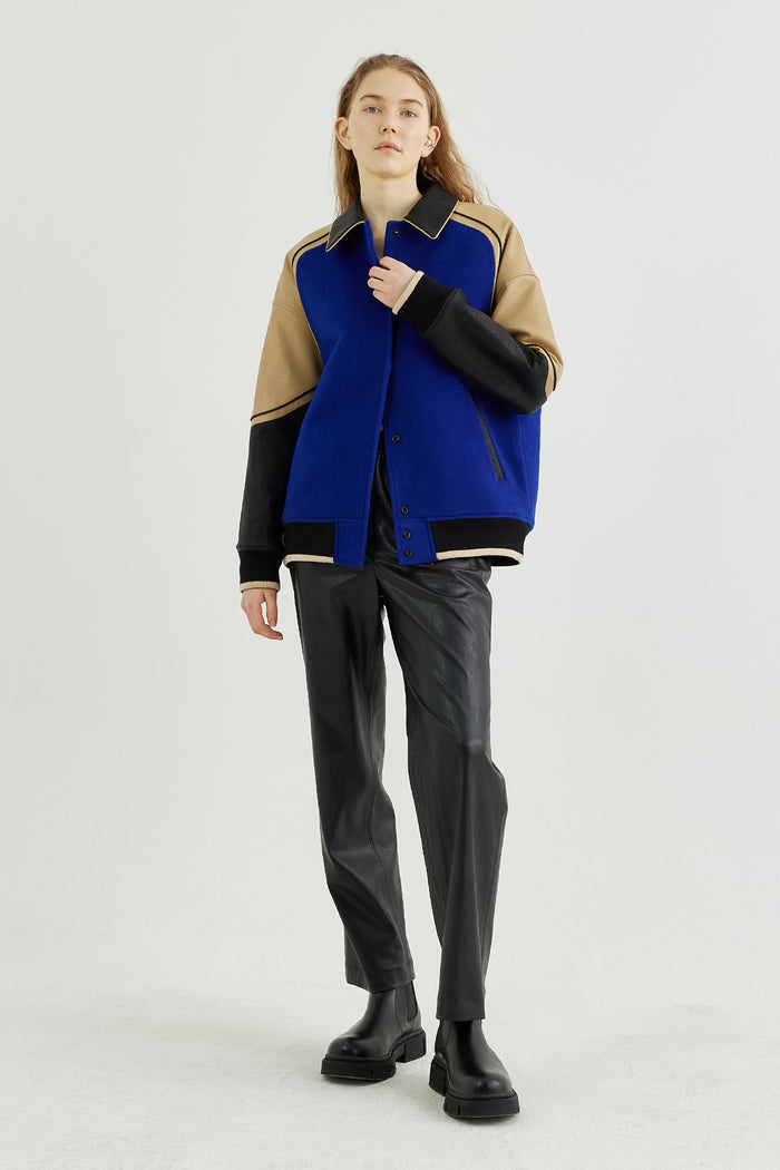 Goen.j Vegan Leather-trimmed Wool-blend Bomber Jacket BLUE