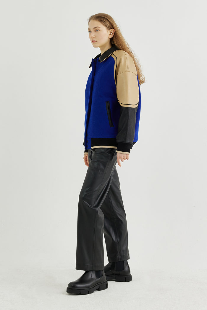 Goen.j Vegan Leather-trimmed Wool-blend Bomber Jacket BLUE