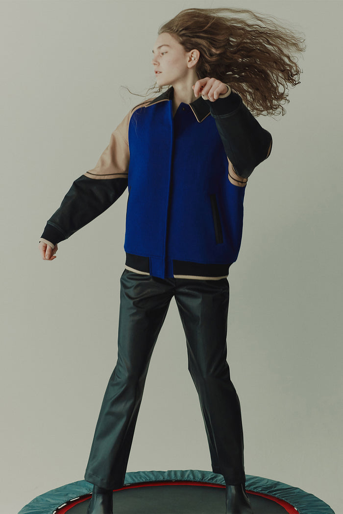 goen.j Vegan leather-trimmed wool-blend bomber jacket BLUE