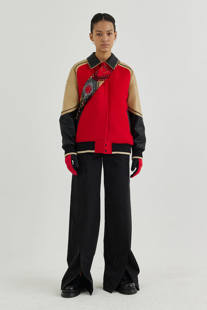 Goen.j Vegan Leather-trimmed Wool-blend Bomber Jacket RED