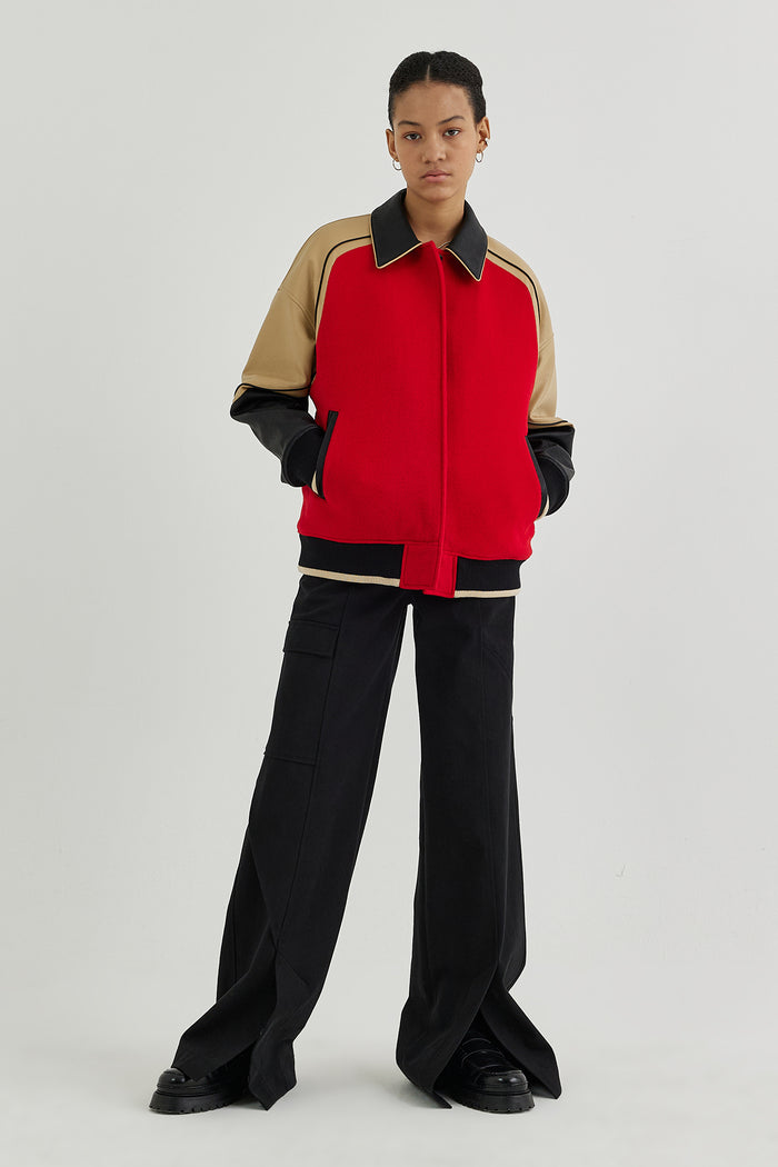 Goen.j Vegan Leather-trimmed Wool-blend Bomber Jacket RED