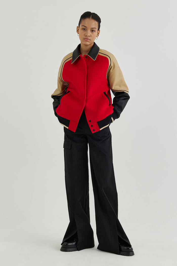 Goen.j Vegan Leather-trimmed Wool-blend Bomber Jacket RED