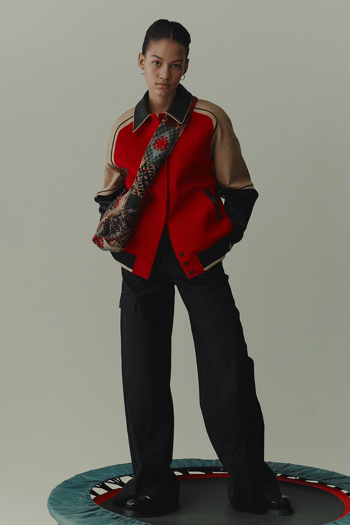 goen.j Vegan leather-trimmed wool-blend bomber jacket RED