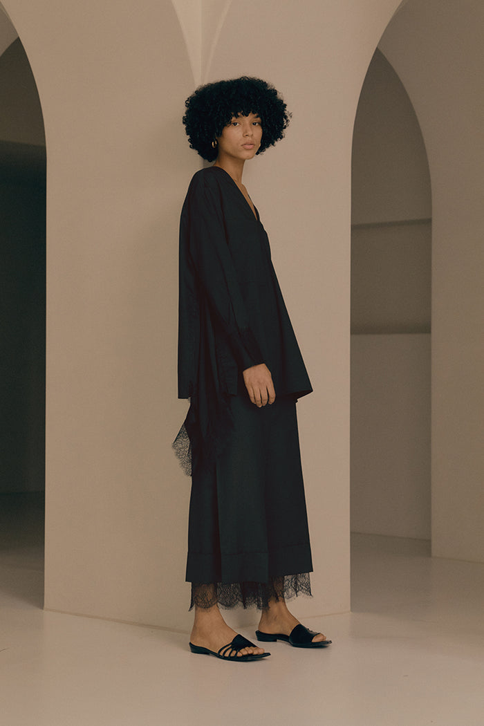 goen.j Wide-leg cropped wool and silk blend pants BLACK