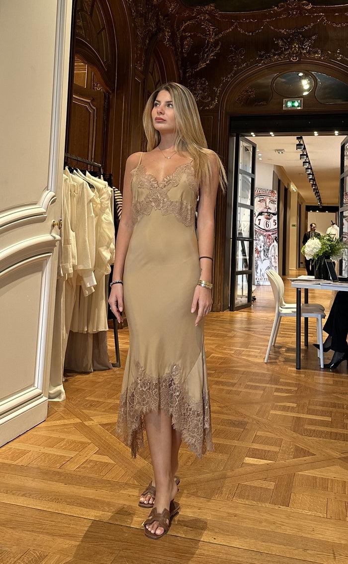 Gold Hawk Cara Slip Bias Mid-length Dress - Dune Sand