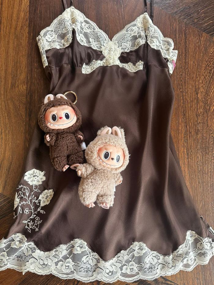 Gold Hawk Crossed Lace Applique Lace Chemise - Java Brown