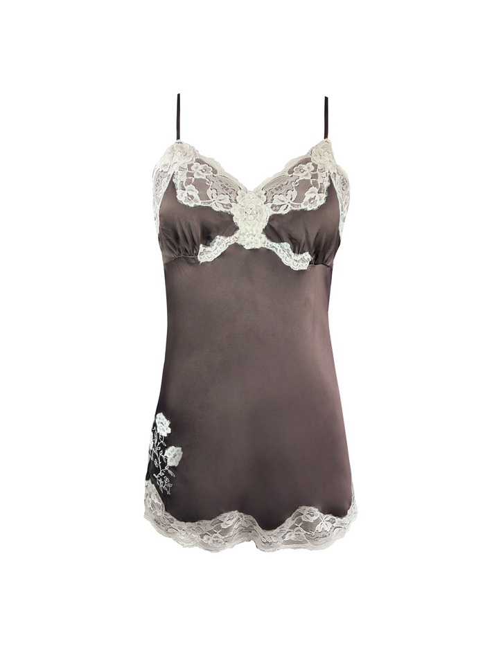 Gold Hawk Crossed Lace Applique Lace Chemise - Java Brown