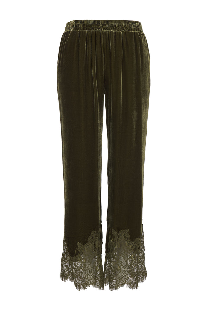 gold hawk Anastasia Lace Velvet Pants Dark Olive