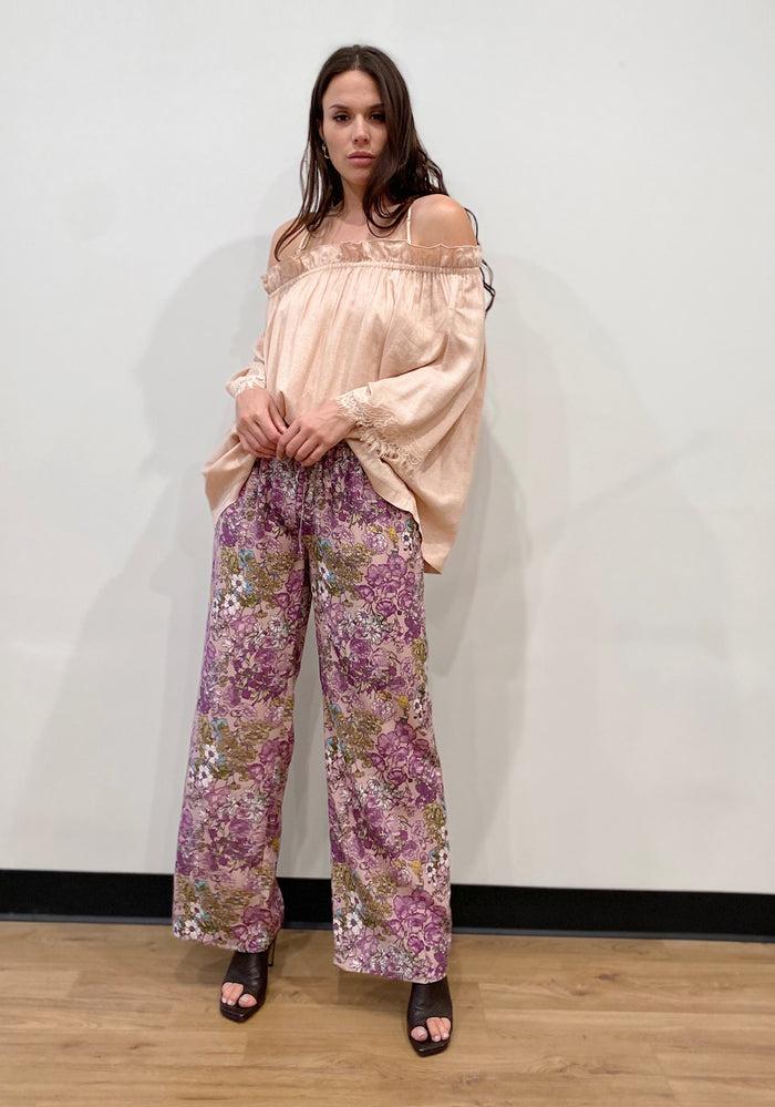 Gold Hawk Blended Linen Ruffle Top Pale Peach