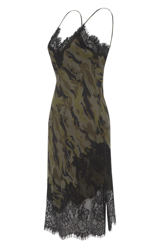 gold hawk Camo Coco Print Silk Slip Dress