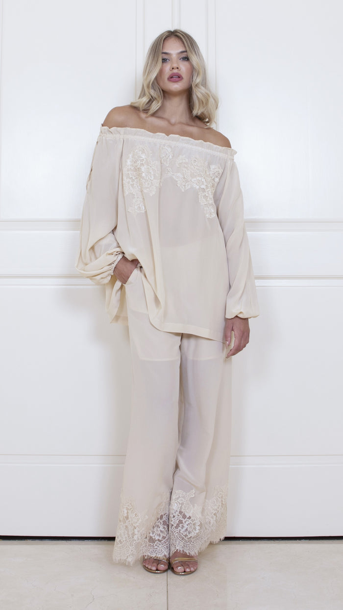 Gold Hawk Claudette Lace Silk Pants - Pearl Crepe
