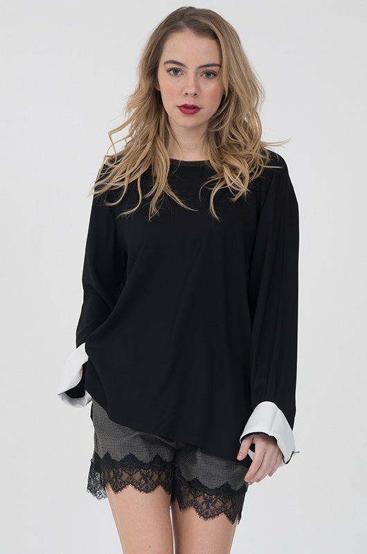 Gold Hawk Contrast Cuff Long Sleeve Top -Black