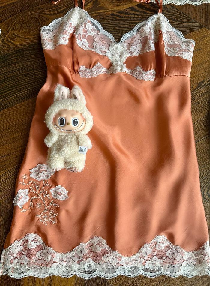 Gold Hawk Crossed Lace Applique Lace Chemise - Coral