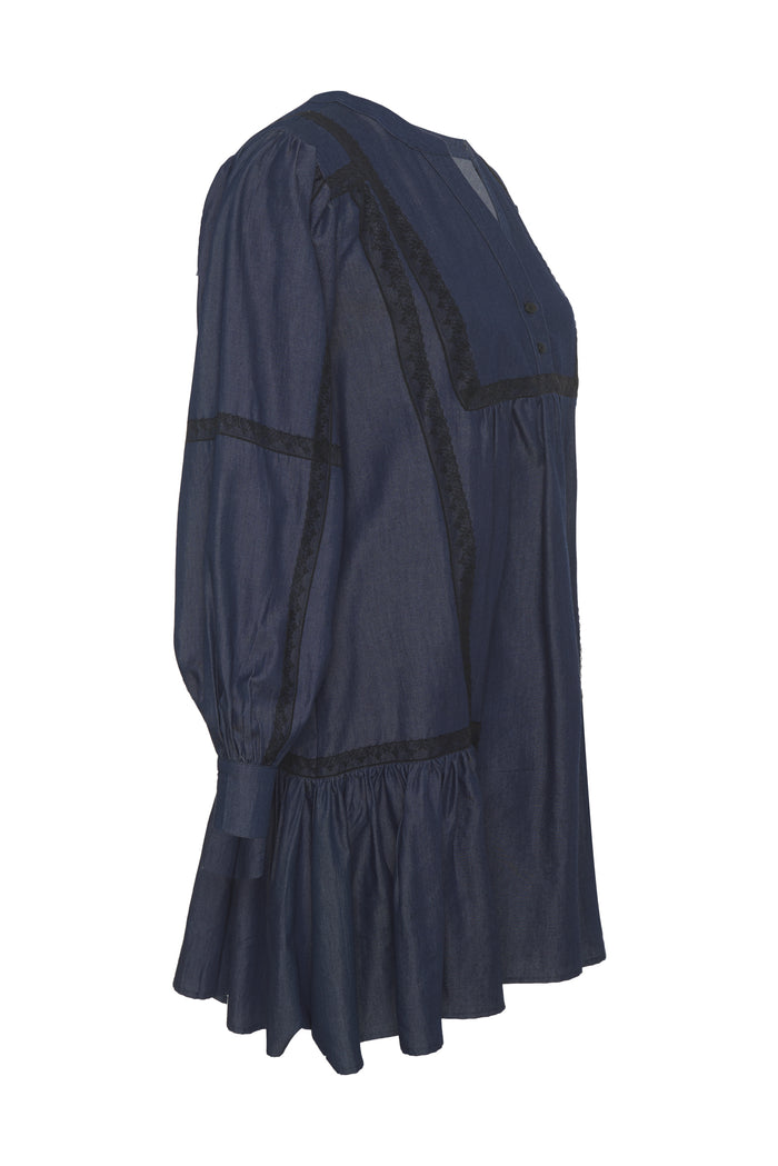 Gold Hawk Denim Tencel Lace Trim Dress