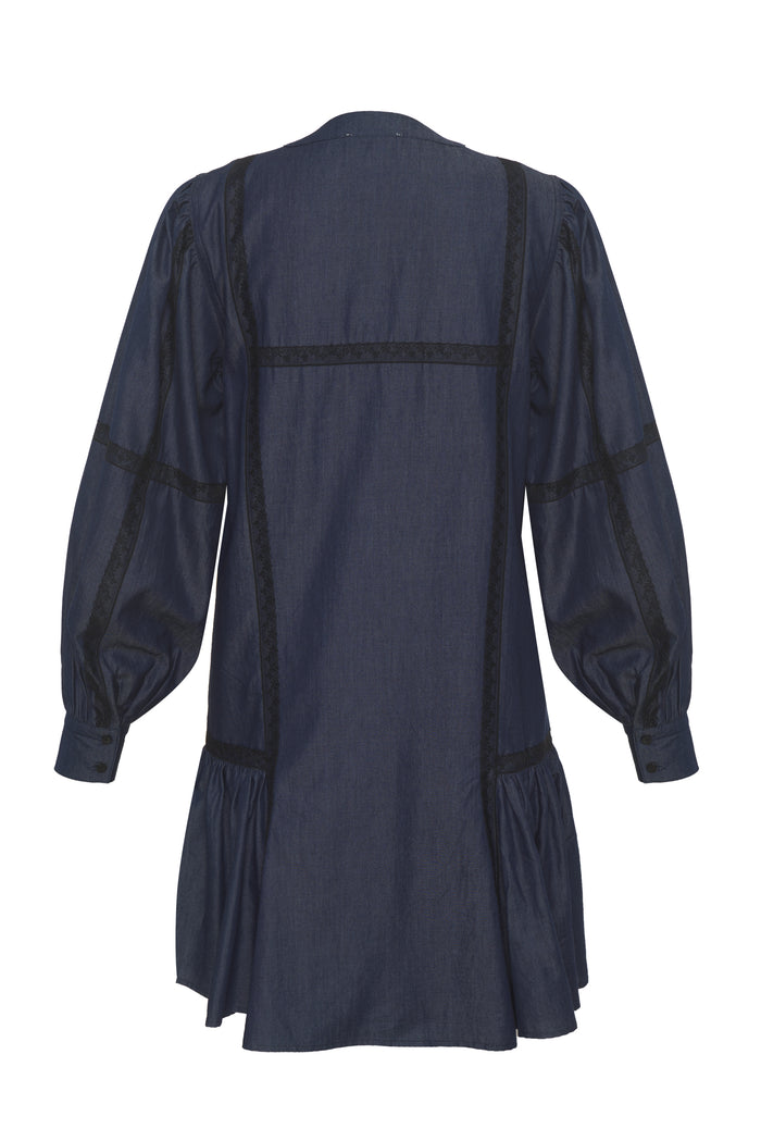 Gold Hawk Denim Tencel Lace Trim Dress