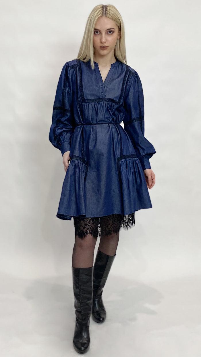 Gold Hawk Denim Tencel Lace Trim Dress