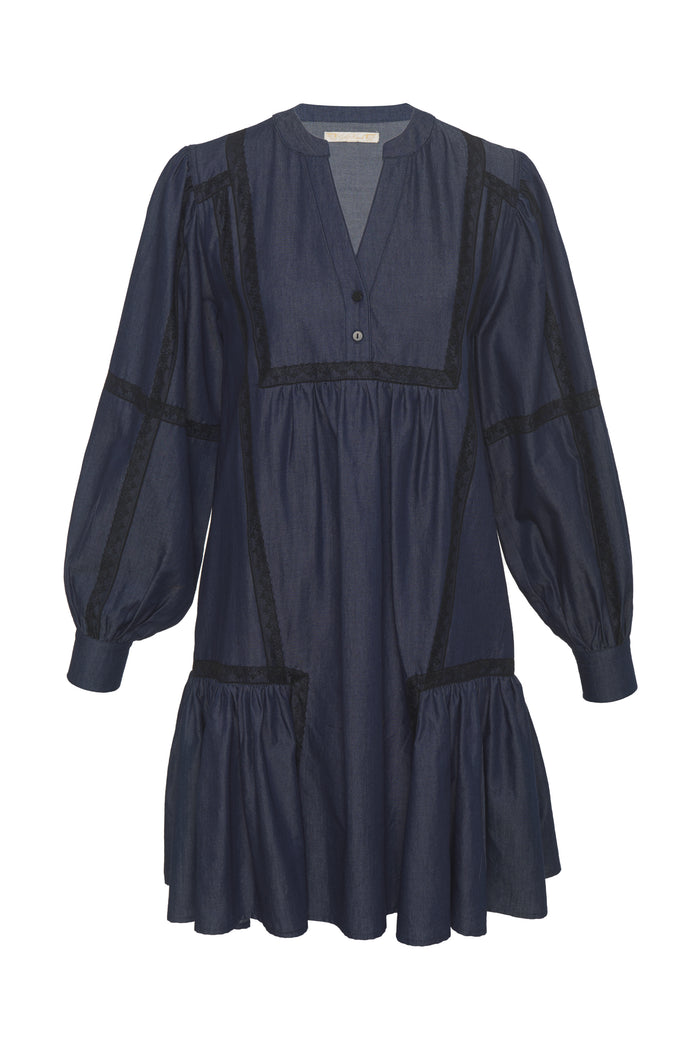 gold hawk Denim Tencel Lace Trim Dress